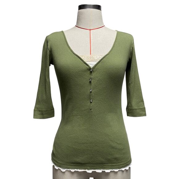 Vintage R Doll Womens Size S Green Layered Lace V Neck Ribbed Shirt - Picture 1 of 8